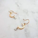 Gold Moon Earrings w/ tiny silver star dangle - lightweight hammered texture celestial crescent - 14K gold fill/plate or solid gold hooks - Constant Baubling
