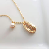 Gold Cowrie Shell Necklace - seashell necklace, cowrie necklace, pearl necklace, beach necklace, gold shell necklace, pearl pendant, charm - Constant Baubling