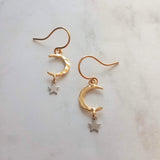 Gold Moon Earrings w/ tiny silver star dangle - lightweight hammered texture celestial crescent - 14K gold fill/plate or solid gold hooks - Constant Baubling