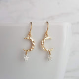 Gold Moon Earrings w/ tiny silver star dangle - lightweight hammered texture celestial crescent - 14K gold fill/plate or solid gold hooks - Constant Baubling