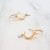 Gold Moon Earrings w/ tiny silver star dangle - lightweight hammered texture celestial crescent - 14K gold fill/plate or solid gold hooks - Constant Baubling