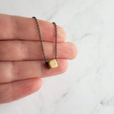 Gold Cube Necklace - solid square brass slider bead on delicate 20 inch silver black chain - minimalist everyday simple plain necklace gift - Constant Baubling