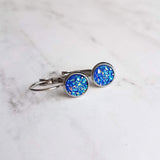 Cobalt Blue Earrings, stainless steel, hypoallergenic, royal blue, rough bumpy faux rock drusy, latching lever back hook, jagged iridescent - Constant Baubling