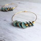 Gold Hoop Earrings, blue green aqua earrings, verdigris patina earrings, eucalyptus leaves, disk earrings, large hoop earring, disks on hoop - Constant Baubling