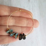 Gold Hoop Earrings, blue green aqua earrings, verdigris patina earrings, eucalyptus leaves, disk earrings, large hoop earring, disks on hoop - Constant Baubling