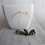 Gold Hoop Earrings, blue green aqua earrings, verdigris patina earrings, eucalyptus leaves, disk earrings, large hoop earring, disks on hoop - Constant Baubling