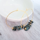 Gold Hoop Earrings, blue green aqua earrings, verdigris patina earrings, eucalyptus leaves, disk earrings, large hoop earring, disks on hoop - Constant Baubling