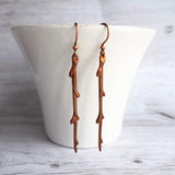 Copper Stick Earrings - long thin straight tree branch charm dangles on antique/oxidized finish hooks, handmade fall nature jewelry gift - Constant Baubling