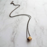 Gold Cube Necklace - solid square brass slider bead on delicate 20 inch silver black chain - minimalist everyday simple plain necklace gift - Constant Baubling