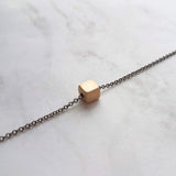Gold Cube Necklace - solid square brass slider bead on delicate 20 inch silver black chain - minimalist everyday simple plain necklace gift - Constant Baubling