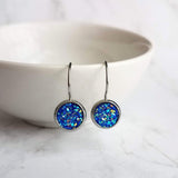 Cobalt Blue Earrings, stainless steel, hypoallergenic, royal blue, rough bumpy faux rock drusy, latching lever back hook, jagged iridescent - Constant Baubling