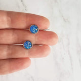 Cobalt Blue Earrings, stainless steel, hypoallergenic, royal blue, rough bumpy faux rock drusy, latching lever back hook, jagged iridescent - Constant Baubling