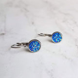 Cobalt Blue Earrings, stainless steel, hypoallergenic, royal blue, rough bumpy faux rock drusy, latching lever back hook, jagged iridescent - Constant Baubling