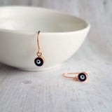 Evil Eye Earrings - small rose gold/navy blue dangle - protect from negative energy harm - good fortune luck symbol - health & happiness - Constant Baubling
