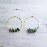 Gold Hoop Earrings, blue green aqua earrings, verdigris patina earrings, eucalyptus leaves, disk earrings, large hoop earring, disks on hoop - Constant Baubling