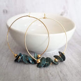 Gold Hoop Earrings, blue green aqua earrings, verdigris patina earrings, eucalyptus leaves, disk earrings, large hoop earring, disks on hoop - Constant Baubling