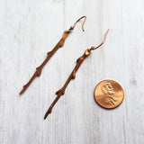 Copper Stick Earrings - long thin straight tree branch charm dangles on antique/oxidized finish hooks, handmade fall nature jewelry gift - Constant Baubling