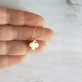 Gold Clover Earrings - small brushed 4 lobe leaf good luck charm dangle on simple latching kidney ear hook - St Patricks Day gift - Constant Baubling