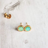 Gold Stainless Steel Stud Earrings, peridot green studs, peridot earrings, pale green studs, rough stone earring, light green earring, druzy - Constant Baubling