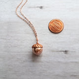 Rose Gold Acorn Necklace - Swarovski pearl nut with pink copper cap on rose gold plated delicate simple chain - custom lengths - fall gift - Constant Baubling