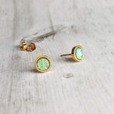 Gold Stainless Steel Stud Earrings, peridot green studs, peridot earrings, pale green studs, rough stone earring, light green earring, druzy - Constant Baubling