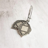 Moroccan Trellis Earrings - antique silver finish thick fanciful medallions on long stainless steel hypoallergenic latching kidney hooks - Constant Baubling