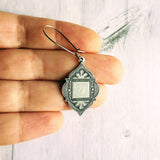 Moroccan Trellis Earrings - antique silver finish thick fanciful medallions on long stainless steel hypoallergenic latching kidney hooks - Constant Baubling