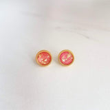 Pink Gold Earrings, watermelon pink earring, coral earring, coral pink stud, gold leaf earring, gold flake earring, stainless steel earring - Constant Baubling