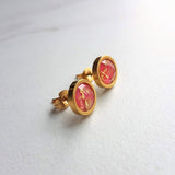 Pink Gold Earrings, watermelon pink earring, coral earring, coral pink stud, gold leaf earring, gold flake earring, stainless steel earring - Constant Baubling