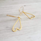 Gold Open Heart Earrings, elongated heart earring, heart outline earring, gold heart earring, kidney ear hooks, Valentine's day earring gift - Constant Baubling