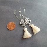 Silver Boho Earrings, tassel earrings, silver medallion earrings, floral mandala earrings, long silver dangle, kidney hook, filigree earring - Constant Baubling