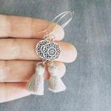 Silver Boho Earrings, tassel earrings, silver medallion earrings, floral mandala earrings, long silver dangle, kidney hook, filigree earring - Constant Baubling