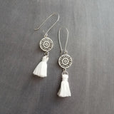 Silver Boho Earrings, tassel earrings, silver medallion earrings, floral mandala earrings, long silver dangle, kidney hook, filigree earring - Constant Baubling