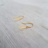 Tiny Gold Earrings - little leaves with filigree cut out design/scallop edge, 14K solid gold or gold fill upgrade hooks, small leaf charm - Constant Baubling