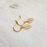 Tiny Gold Earrings - little leaves with filigree cut out design/scallop edge, 14K solid gold or gold fill upgrade hooks, small leaf charm - Constant Baubling