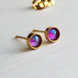 Gold Stud Earrings, tiny studs, small round earring, fuchsia pink purple stud, gold stainless steel, hypoallergenic stainless steel, girls - Constant Baubling