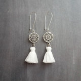 Silver Boho Earrings, tassel earrings, silver medallion earrings, floral mandala earrings, long silver dangle, kidney hook, filigree earring - Constant Baubling