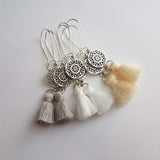 Silver Boho Earrings, tassel earrings, silver medallion earrings, floral mandala earrings, long silver dangle, kidney hook, filigree earring - Constant Baubling