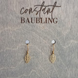 Tiny Gold Earrings - little leaves with filigree cut out design/scallop edge, 14K solid gold or gold fill upgrade hooks, small leaf charm - Constant Baubling