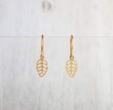 Tiny Gold Earrings - little leaves with filigree cut out design/scallop edge, 14K solid gold or gold fill upgrade hooks, small leaf charm - Constant Baubling