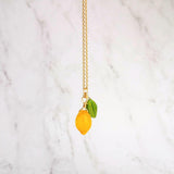 Lemon Necklace, yellow lemon pendant, citrus fruit necklace, green leaf, when life gives you lemons make lemonade, gold chain summer jewelry - Constant Baubling