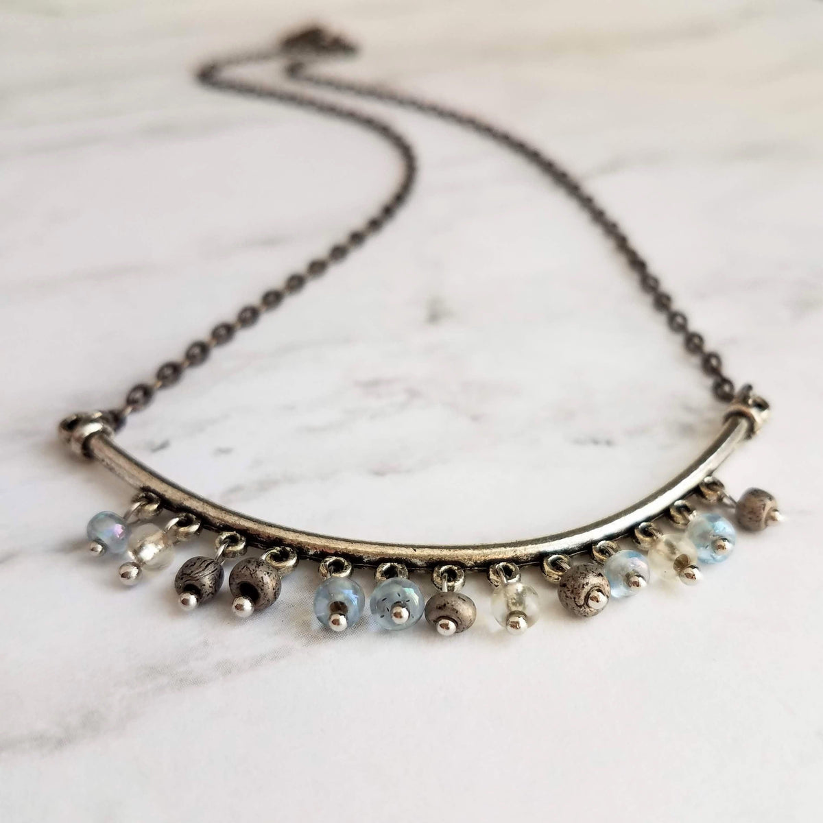 Silver Bead Necklace, u shape pendant, small bead fringe, long curved