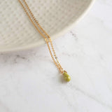 Green Teardrop Necklace -  very tiny pea green glass drop, 14K gold fill chain, delicate small little teardrop, gift for her under 30 - Constant Baubling