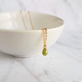 Green Teardrop Necklace -  very tiny pea green glass drop, 14K gold fill chain, delicate small little teardrop, gift for her under 30 - Constant Baubling