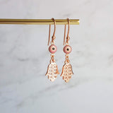 Evil Eye Earrings, rose gold earring, talisman amulet, protective earring, Hamsa earring, hand Fatima, spiritual symbol protection good luck - Constant Baubling