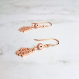 Evil Eye Earrings, rose gold earring, talisman amulet, protective earring, Hamsa earring, hand Fatima, spiritual symbol protection good luck - Constant Baubling