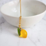 Lemon Necklace, yellow lemon pendant, citrus fruit necklace, green leaf, when life gives you lemons make lemonade, gold chain summer jewelry - Constant Baubling