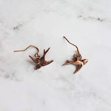 Copper Flying Bird Earrings - small oxidized antique finish charms & hooks, handmade couple/lover gift, bird watcher gift, little sparrow - Constant Baubling