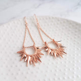 Rose Gold Sun Earrings, sunburst shape, long delicate chain dangle, spear point earring, ray of sunshine earring, semicircle earring, dagger - Constant Baubling