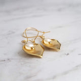 Calla Lily Earrings - gold matte brass & freshwater pearls, locking kidney ear hook, delicate flower earrings, bridal bridesmaid jewelry - Constant Baubling